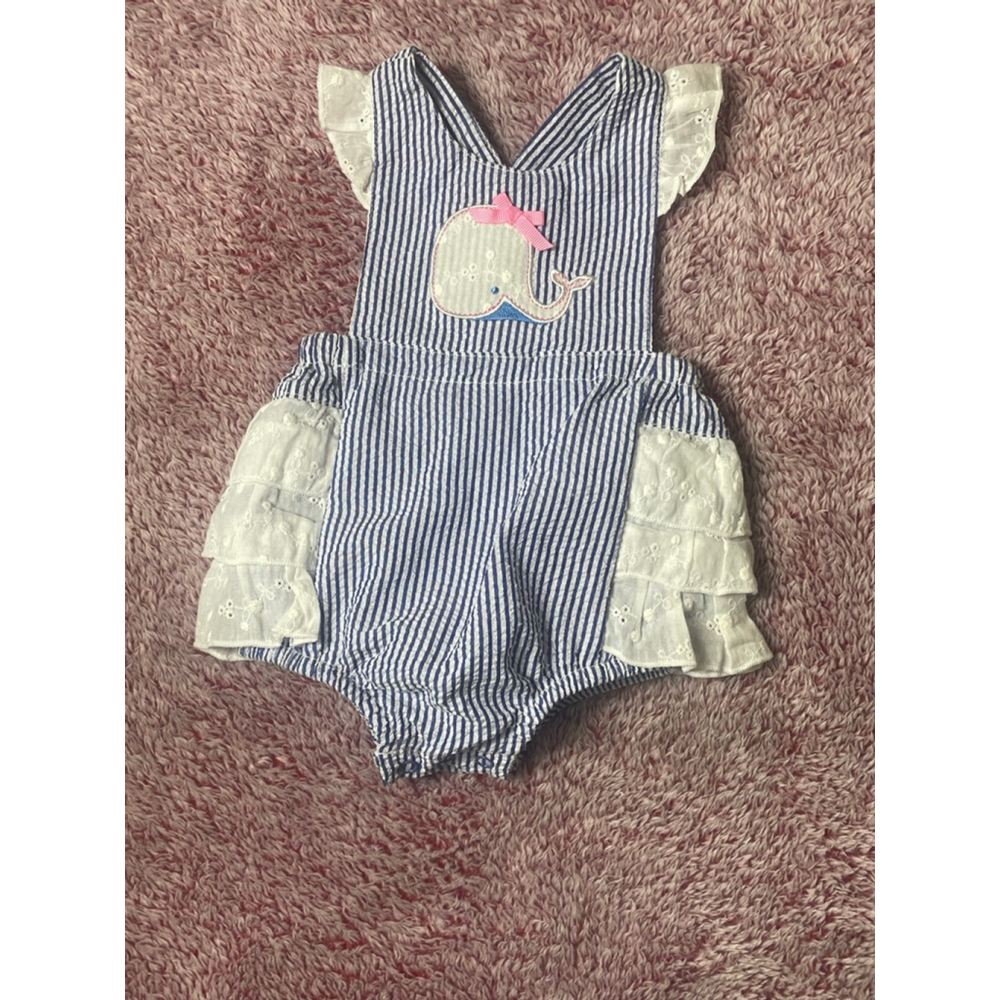 Baby Nursery Rhymes ruffle butt romper 3 Months Whale seersucker